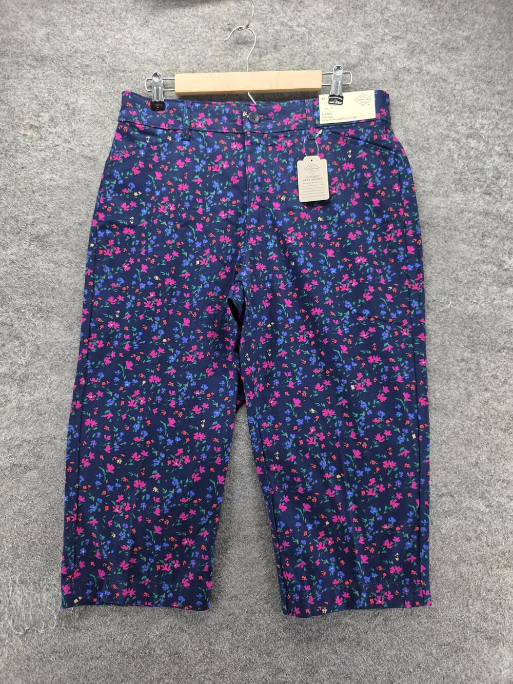 St. John's Bay Pants Womens 12 Blue Capri Floral Twill Stretch Pockets 21 In